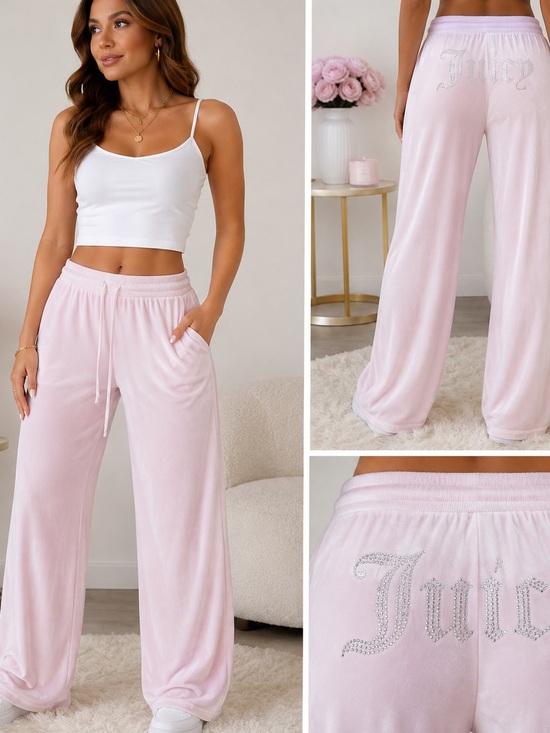 Juicy Couture Pants - Juicy Couture Pale Pink Velour Wide-Leg Lounge Pants
